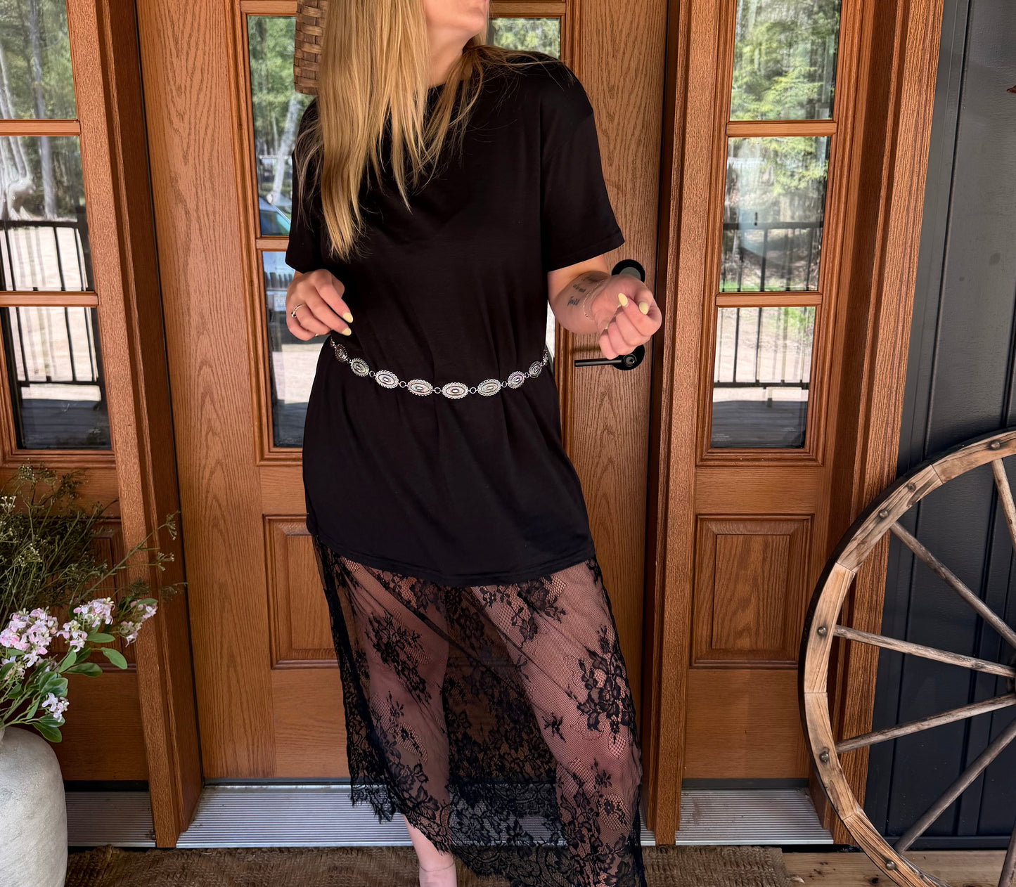 LDC High Waist Patchwork Short Sleeve Lace Dress: Black / M