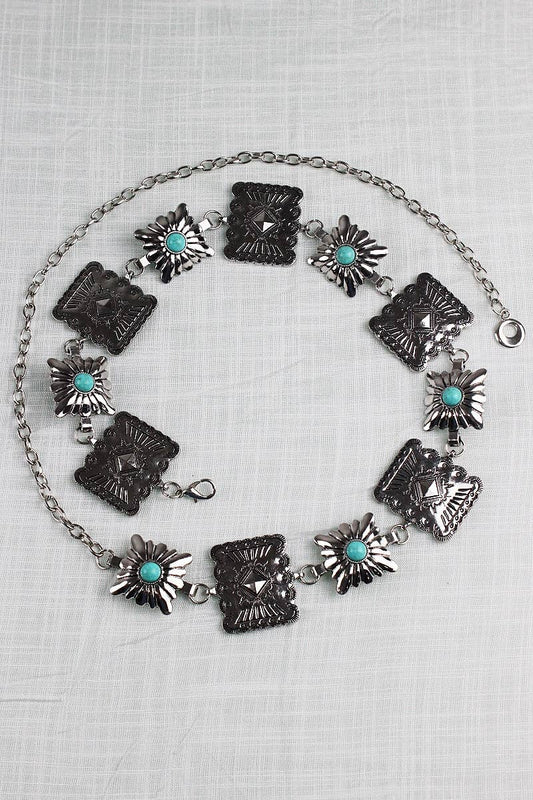 Vintage Western Geometric Belt-Square Turquoise Chain Waist: Antique Silver