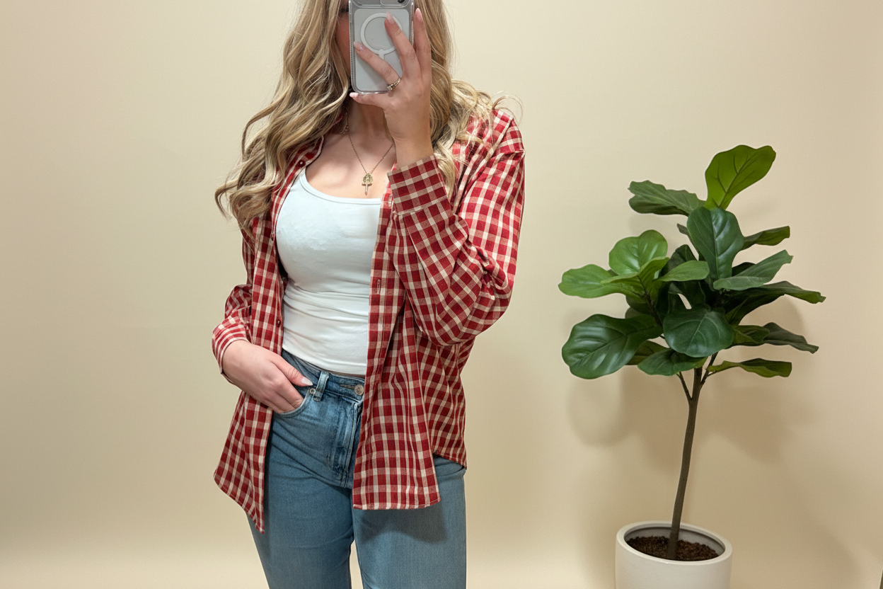 Gingham oversized button-down shirts long sleeve in red: Red / XL