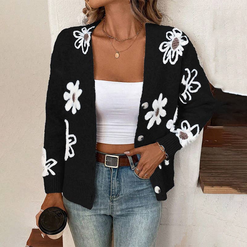 Floral Button Front Cardigan: Apricot / M
