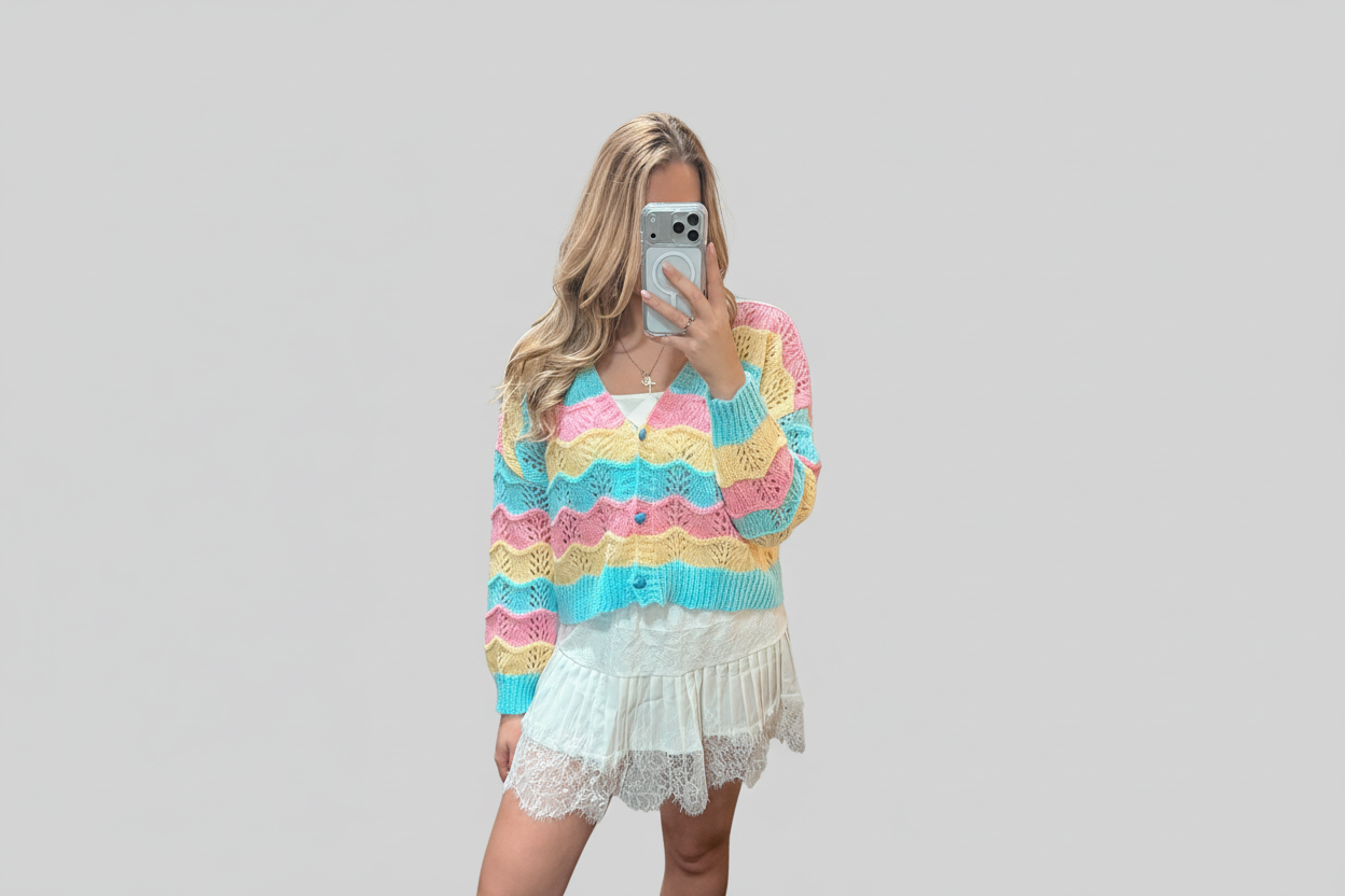 Cozy Rainbow Breeze Colorblock Hollow Knit Cardigan
