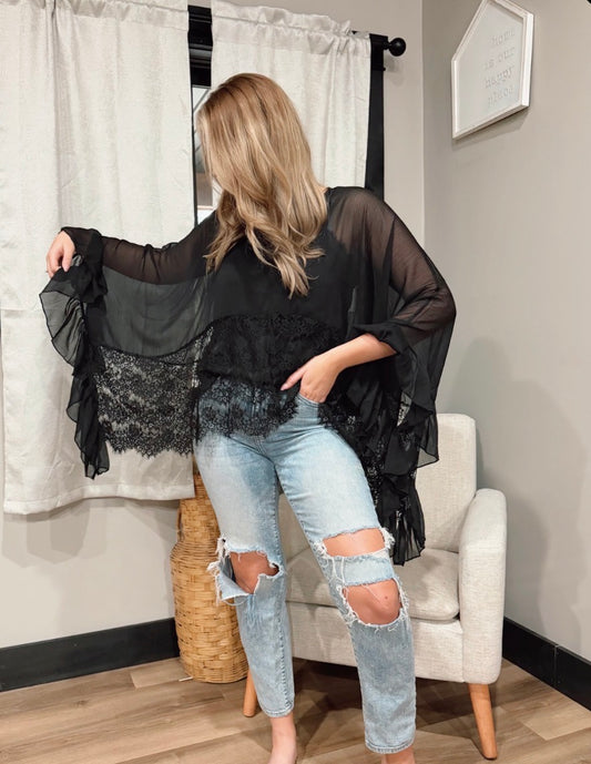 Effortless lace trim Sheer Poncho billowy fit cover-up