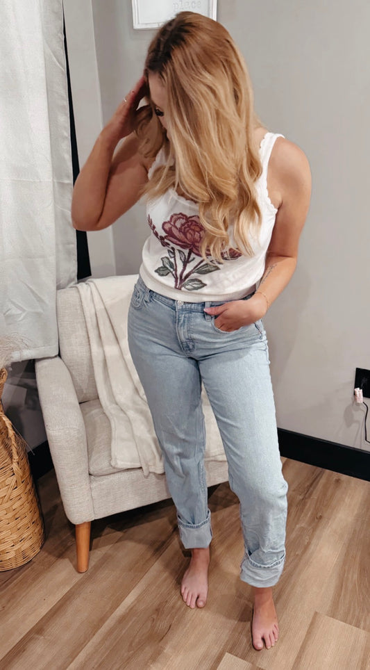 Western Retro Floral Scalloped Square Neck Knit Sweater Vest: White