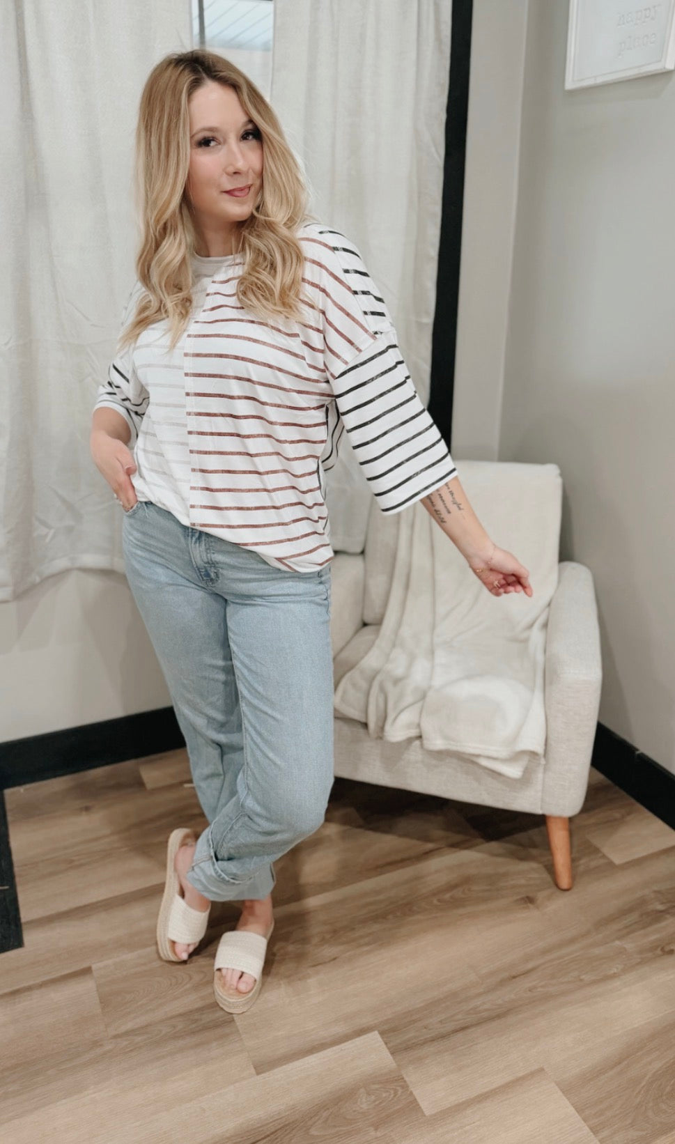 LDC Stripe Colorblock Round Neck Drop Shoulder T-shirt