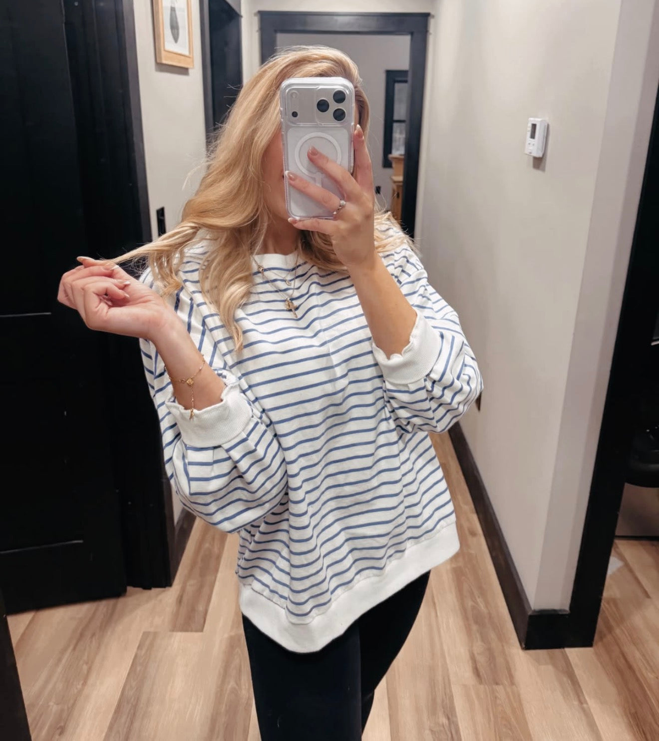 Crewneck Stylish Striped Long-Sleeved -blue