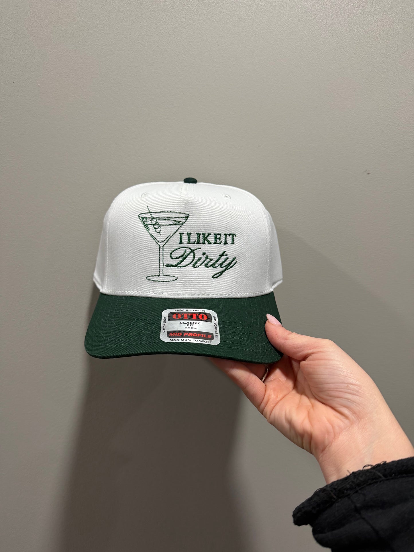 I Like It Dirty- Martini Trucker Hat: Dark Green/White Hat