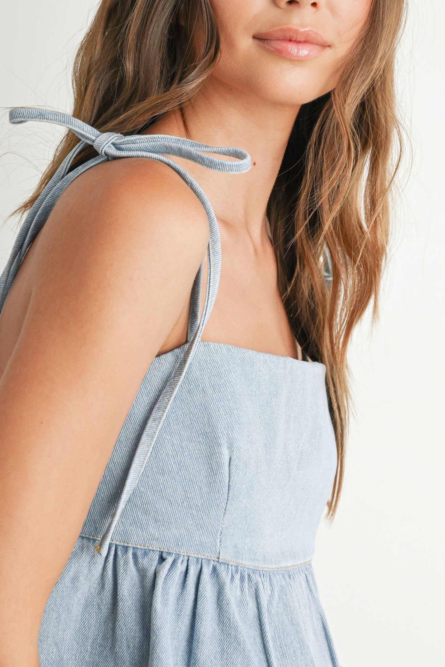 Denim Tie-Strap Peplum Top - BMT7722: DENIM / S