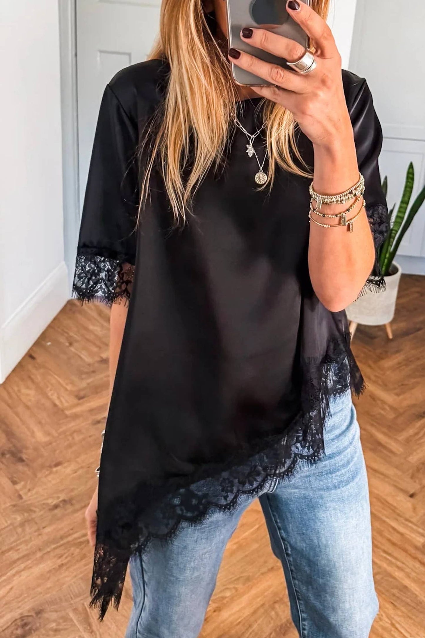 LDC Asymmetric Lace Trim Short Sleeve Satin Top: Black / L