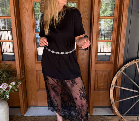 LDC High Waist  Patchwork Short Sleeve Lace Dress: Black / M