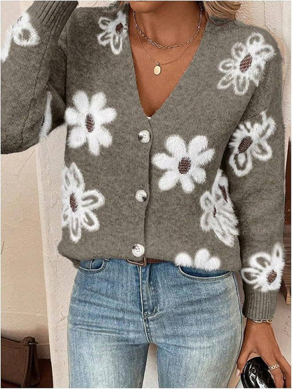 Floral Button Front Cardigan: Apricot / M