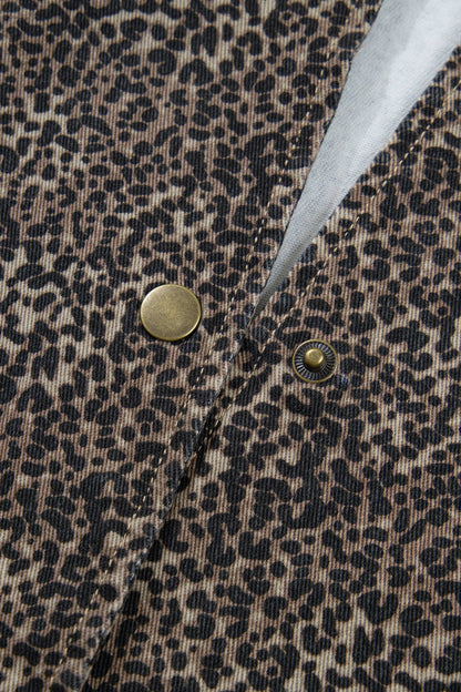 Leopard Print Button-Front Sleeveless Slim Denim Vest: Brown / Missy / M