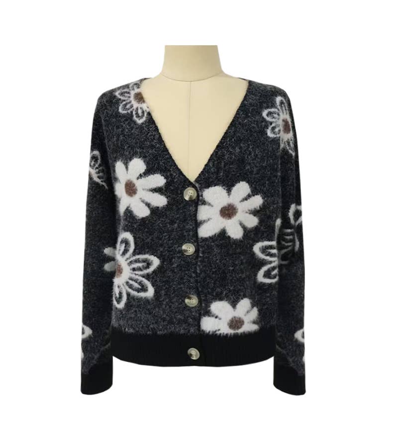 Floral Button Front Cardigan: Apricot / M