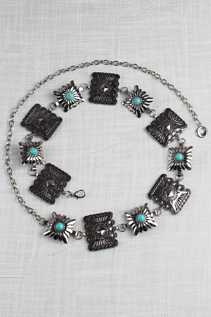 Vintage Western Geometric Belt-Square Turquoise Chain Waist: Antique Silver
