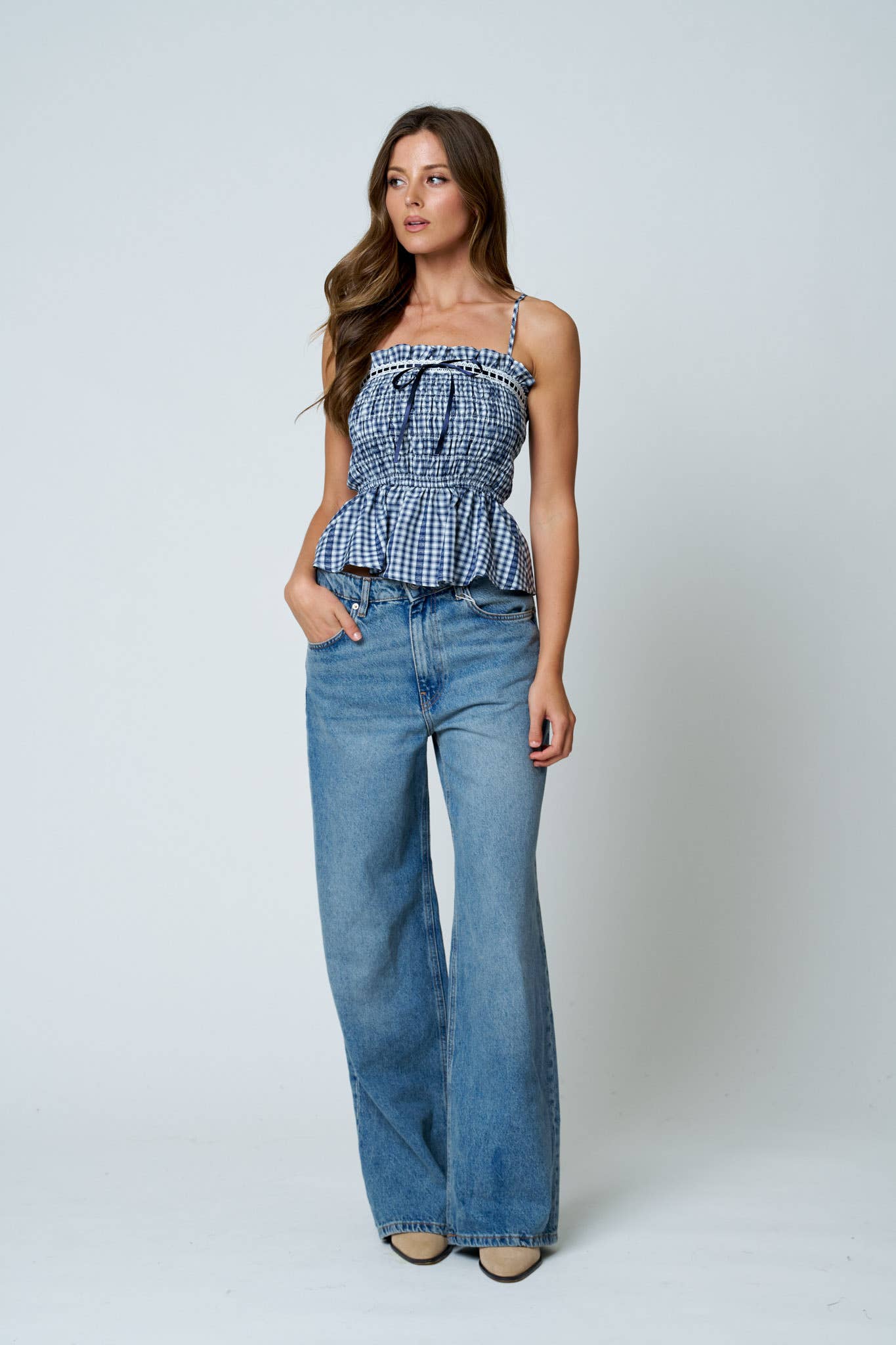 SMOCKED GINGHAM LACE TRIM PEPLUM SPAGHETTI TOP: DARK BROWN