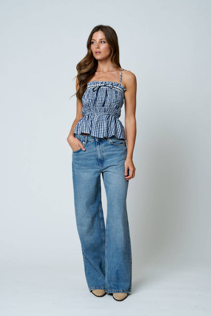 SMOCKED GINGHAM LACE TRIM PEPLUM SPAGHETTI TOP: DARK BROWN