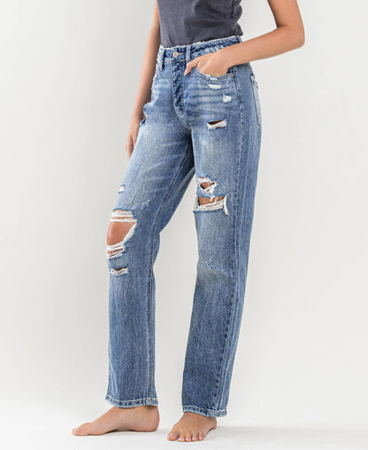 SUPER HIGH RISE DISTRESSED STRAIGHT JEANS