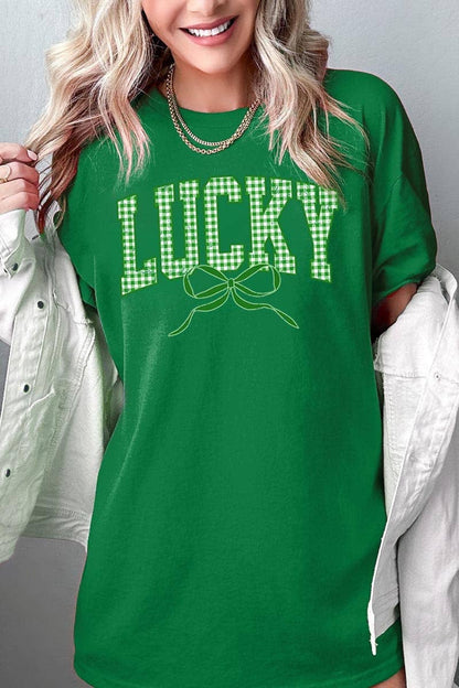 Lucky Gingham Bow Graphic Heavy Cotton Tee: TURF GREEN l