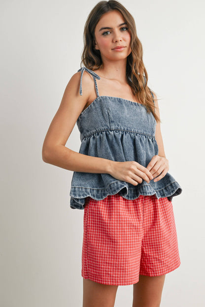Denim Tie-Strap Peplum Top - BMT7722: DENIM / S