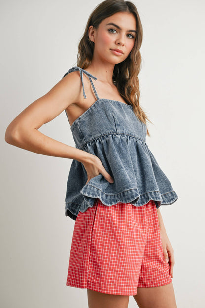 Denim Tie-Strap Peplum Top - BMT7722: DENIM / S