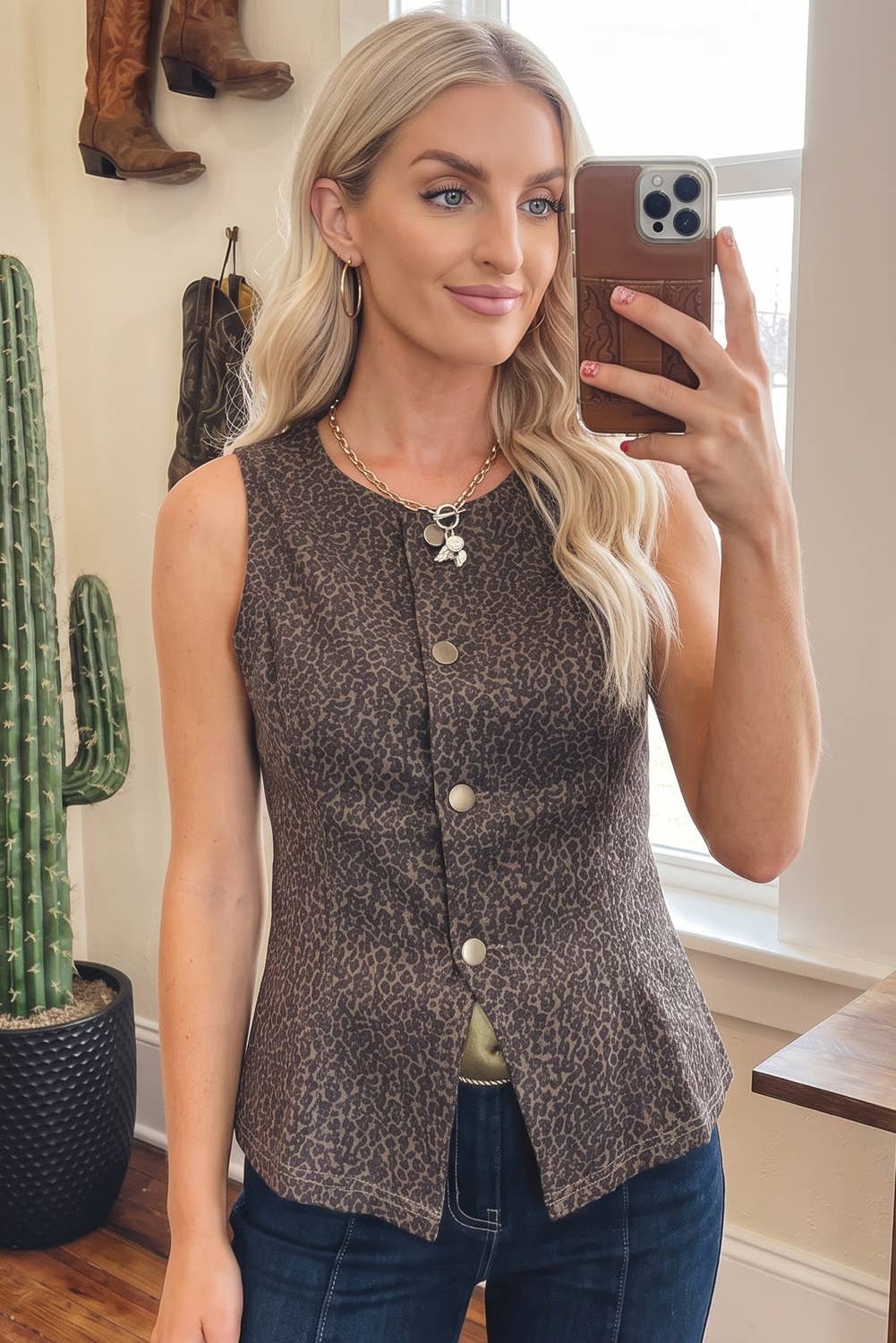 Leopard Print Button-Front Sleeveless Slim Denim Vest: Brown / Missy / XL
