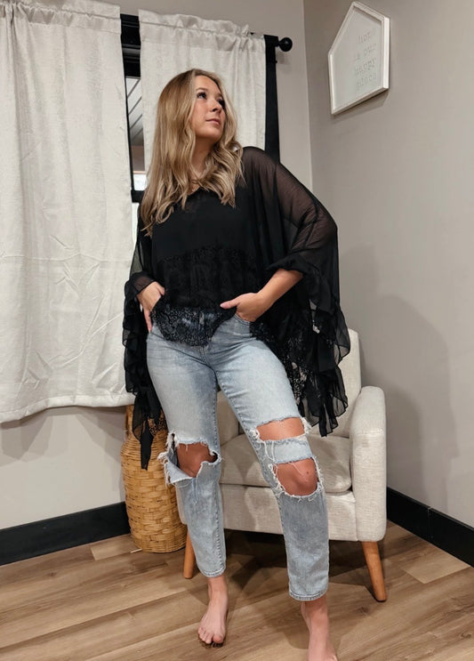 Effortless lace trim Sheer Poncho billowy fit cover-up