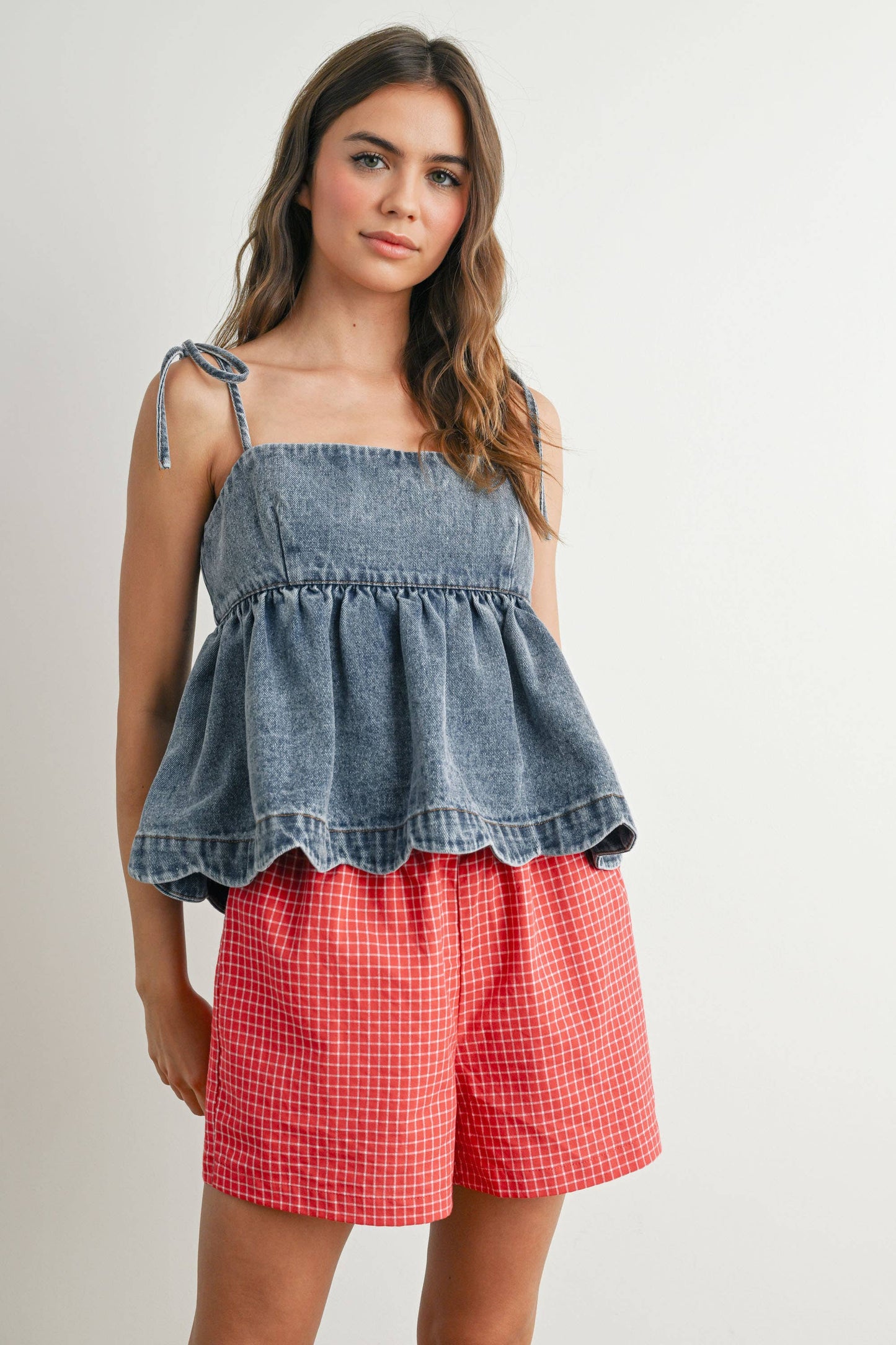 Denim Tie-Strap Peplum Top - BMT7722: DENIM / S