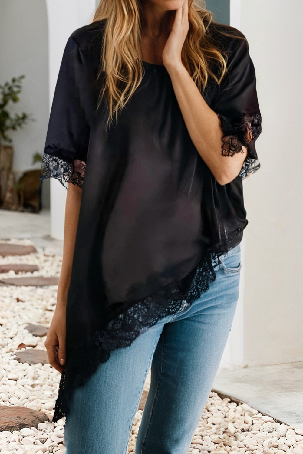 LDC Asymmetric Lace Trim Short Sleeve Satin Top: Black / L