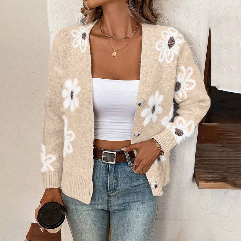 Floral Button Front Cardigan: Apricot / M