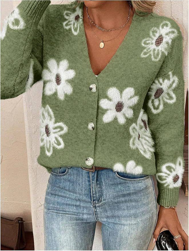 Floral Button Front Cardigan: Apricot / M