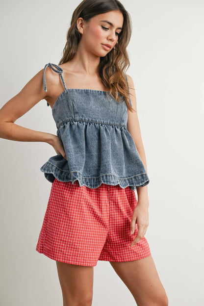 Denim Tie-Strap Peplum Top - BMT7722: DENIM / S