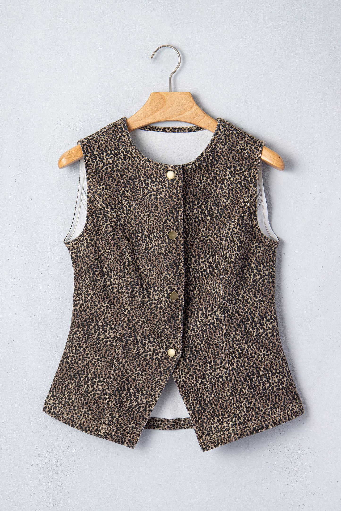 Leopard Print Button-Front Sleeveless Slim Denim Vest: Brown / Missy / XL