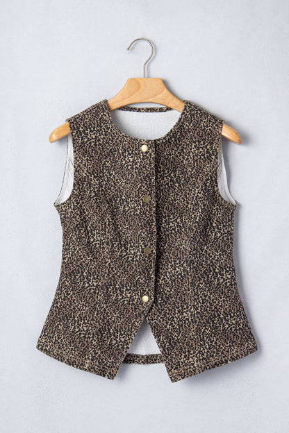 Leopard Print Button-Front Sleeveless Slim Denim Vest: Brown / Missy / XL