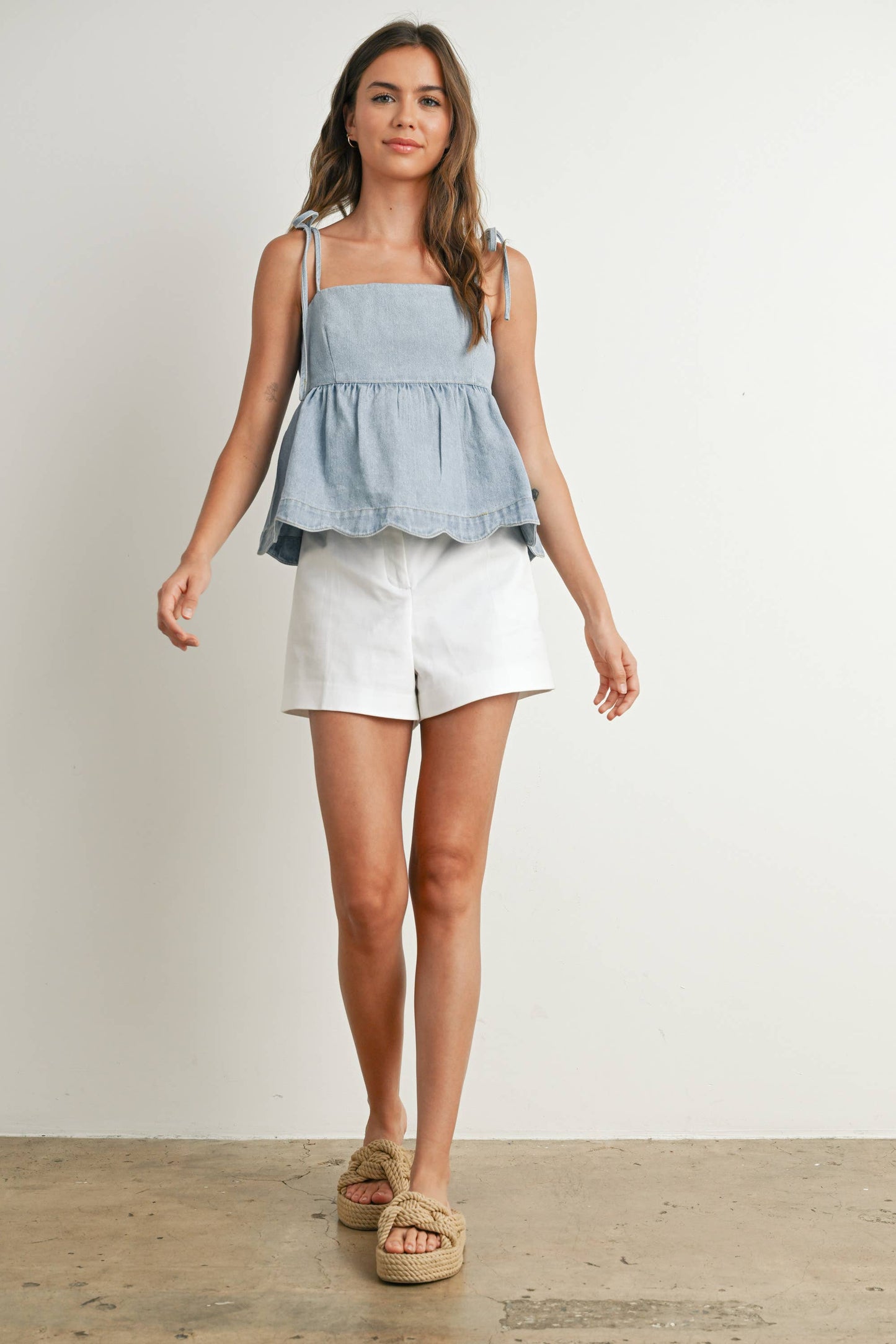 Denim Tie-Strap Peplum Top - BMT7722: DENIM / S