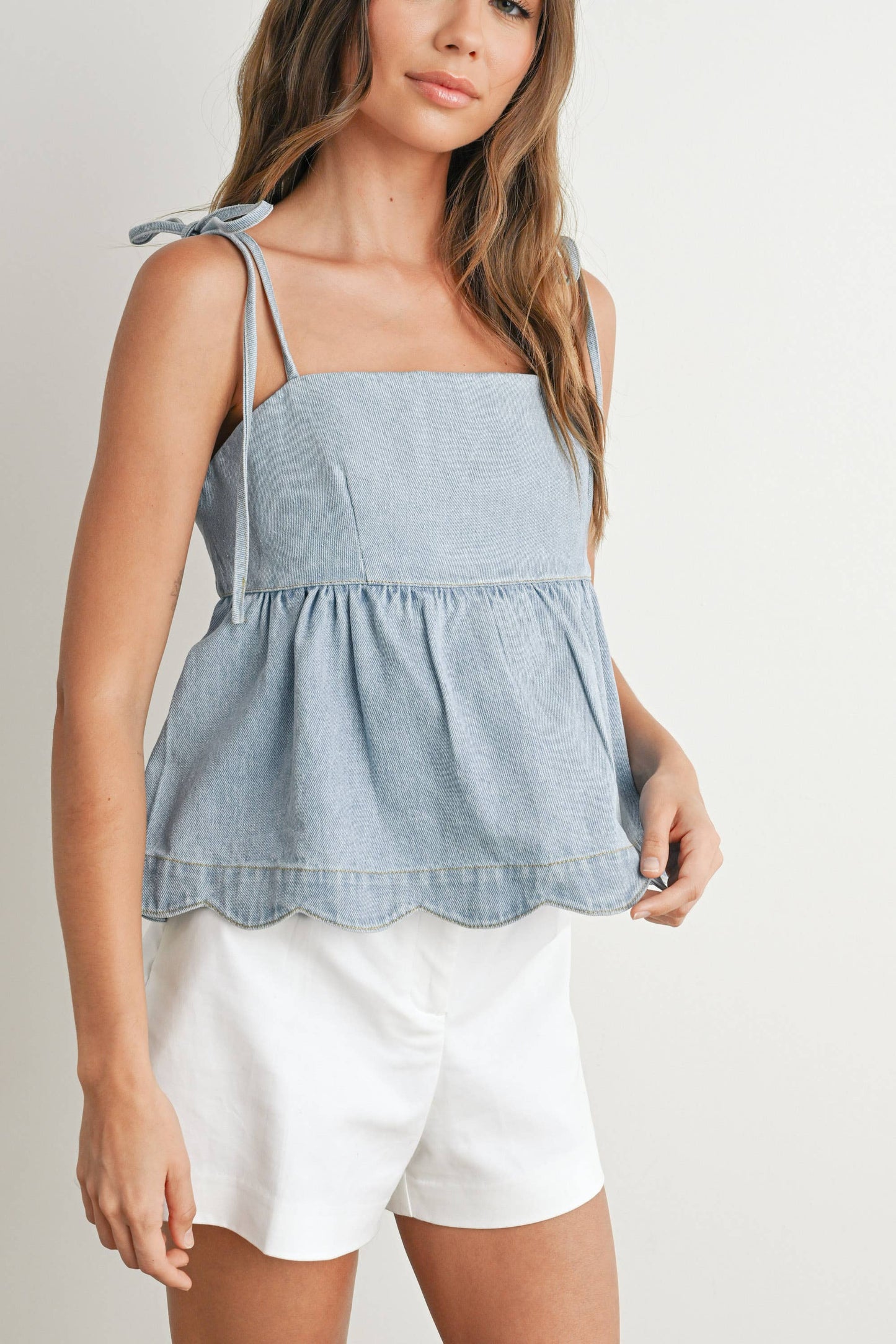 Denim Tie-Strap Peplum Top - BMT7722: DENIM / S