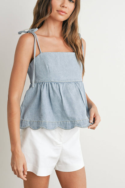 Denim Tie-Strap Peplum Top - BMT7722: DENIM / S