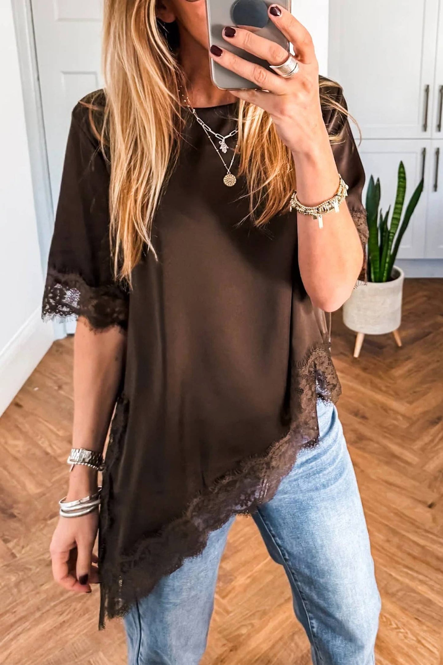 LDC Asymmetric Lace Trim Short Sleeve Satin Top: Black / L