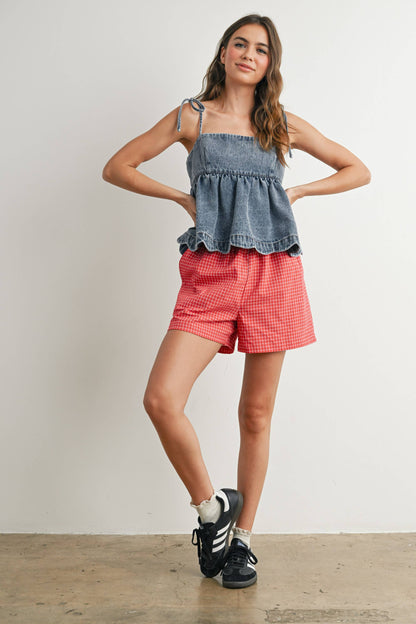 Denim Tie-Strap Peplum Top - BMT7722: DENIM / S