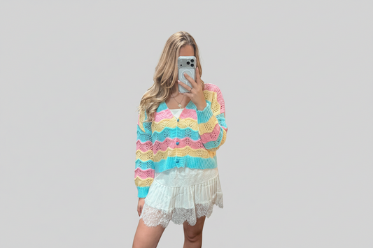 Cozy Rainbow Breeze Colorblock Hollow Knit Cardigan