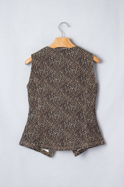 Leopard Print Button-Front Sleeveless Slim Denim Vest: Brown / Missy / L