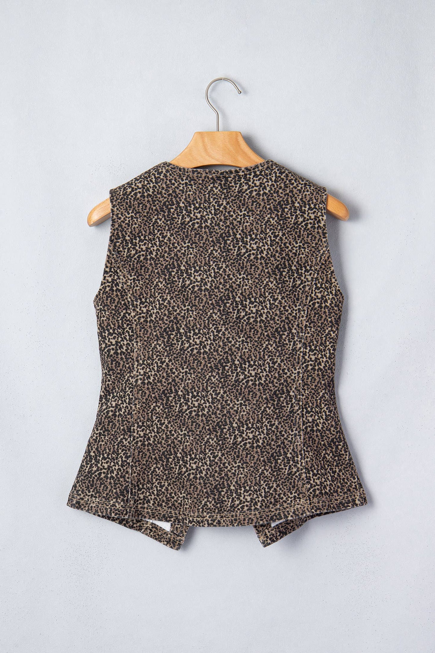 Leopard Print Button-Front Sleeveless Slim Denim Vest: Brown / Missy / XL