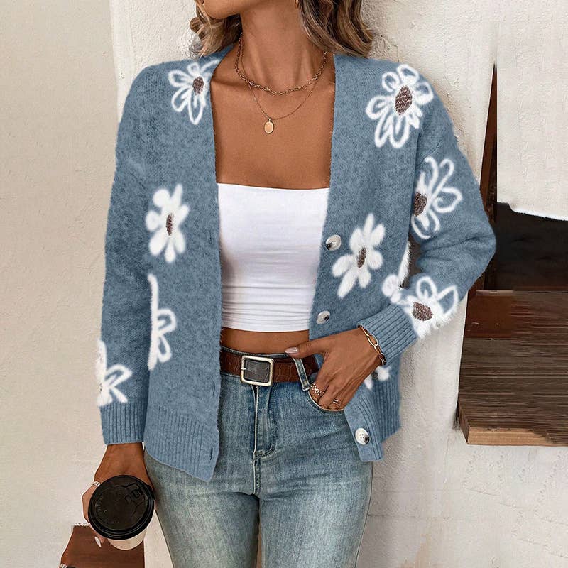 Floral Button Front Cardigan: Apricot / M