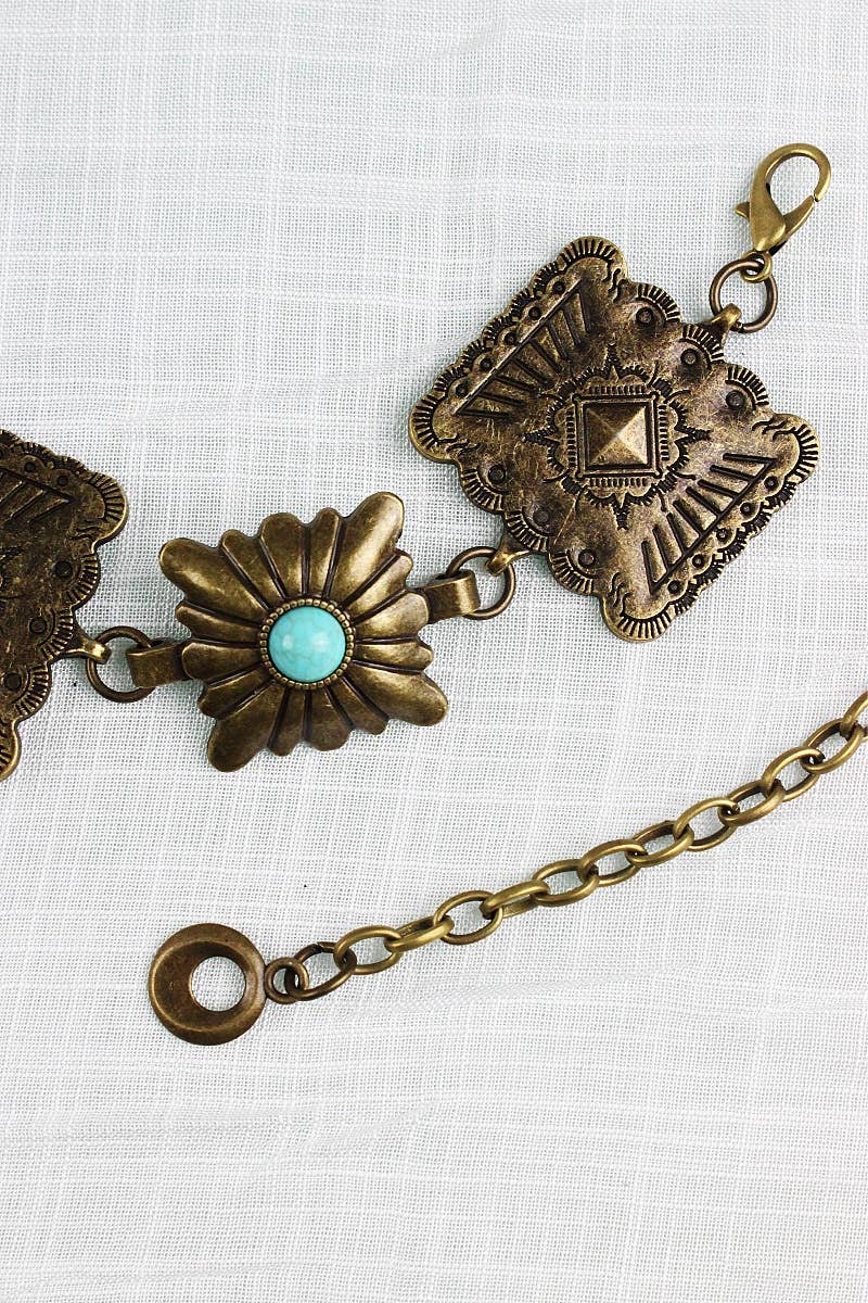 Vintage Western Geometric Belt-Square Turquoise Chain Waist: Antique Silver