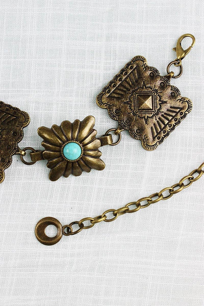 Vintage Western Geometric Belt-Square Turquoise Chain Waist: Antique Silver