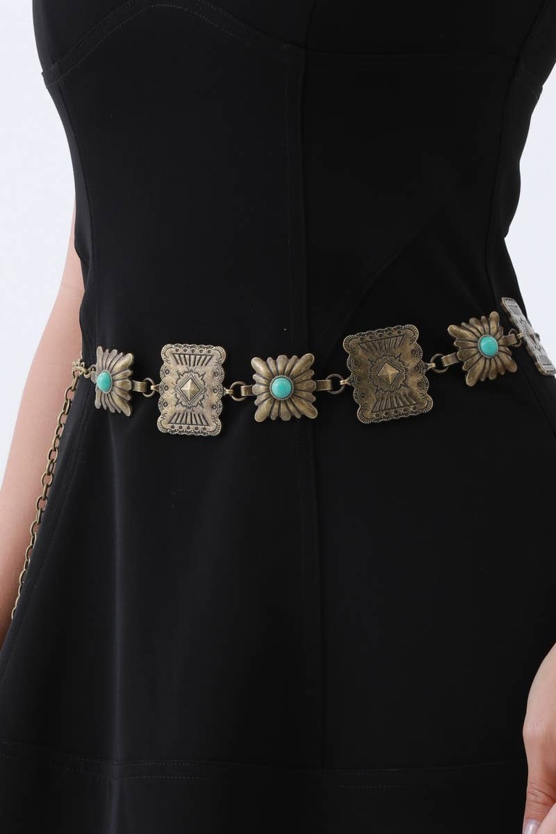 Vintage Western Geometric Belt-Square Turquoise Chain Waist: Antique Silver