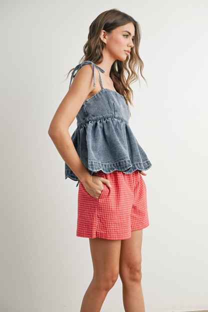 Denim Tie-Strap Peplum Top - BMT7722: DENIM / S