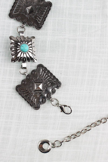 Vintage Western Geometric Belt-Square Turquoise Chain Waist: Antique Silver
