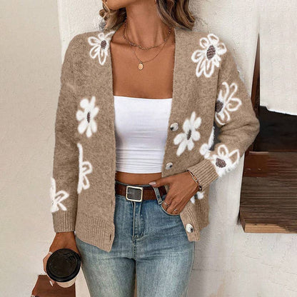 Floral Button Front Cardigan: Apricot / M