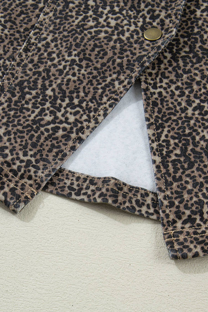 Leopard Print Button-Front Sleeveless Slim Denim Vest: Brown / Missy / M
