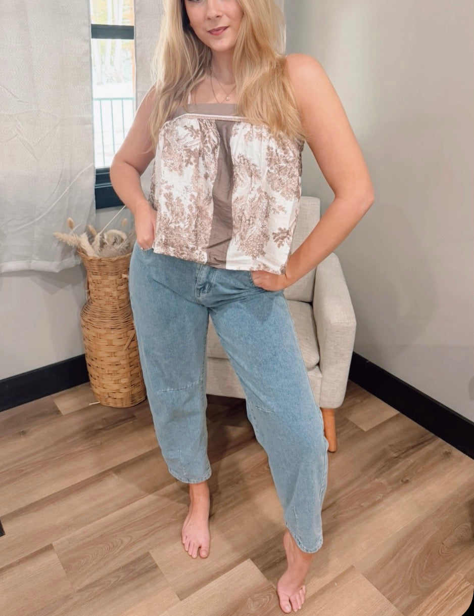 Printed Strappy Top: BEIGE