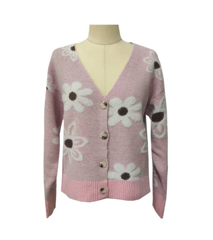 Floral Button Front Cardigan: Apricot / M